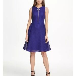 NWOT DKNY Womens Fit & Flare Blue Sleeveless Mesh Overlay Half Zip Dress Size 4